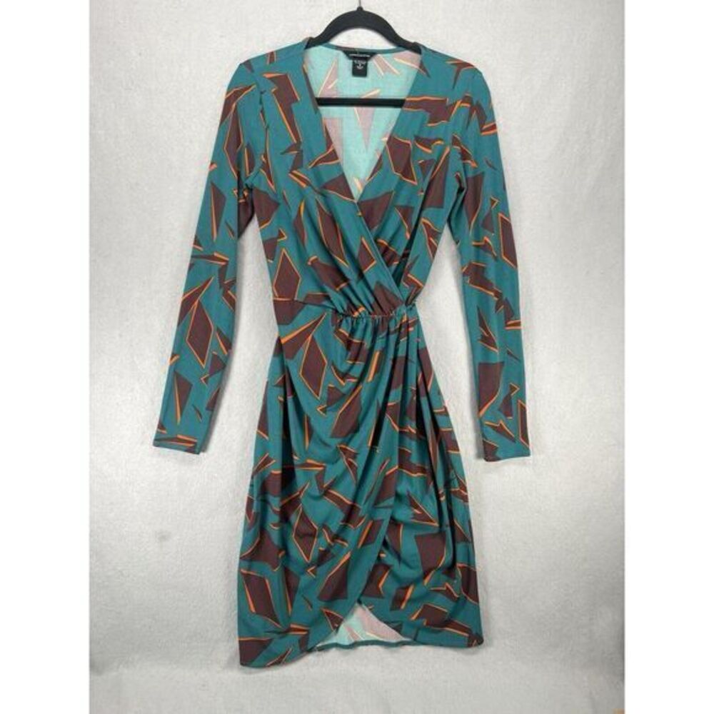 Moda International Dress Size S Teal Orange Tulip Hem Abstract Mod Surplice Mini